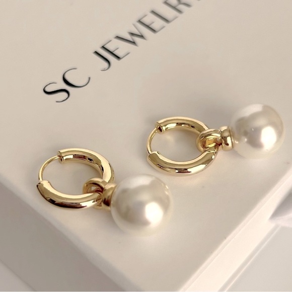 Pearl Hoop Earrings | Removable Part | 14K Gold Plated Luxury Jewelry - Picture 1 of 14